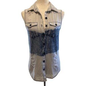 Thrill Sleeveless Denim Shirt Sz L 11/12 Fits Like Sz S Distressed Bleach Stripe